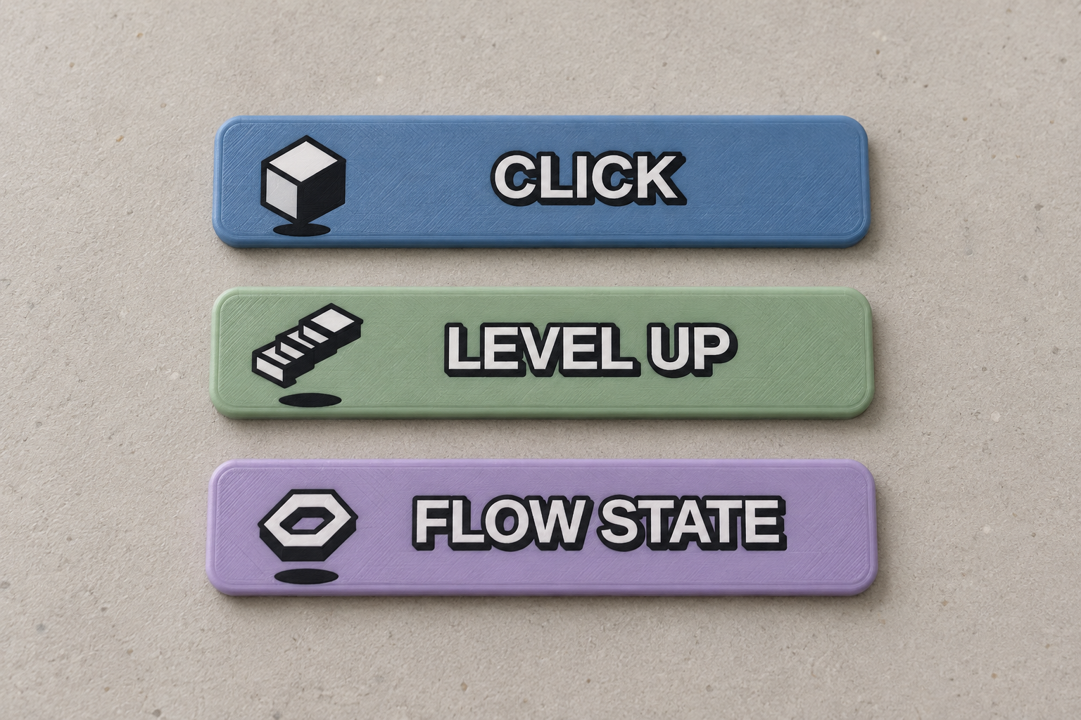 ภาพจำลองป้าย CLICK สีน้ำเงิน LEVEL UP สีเขียว และ FLOW STATE สีลาเวนเดอร์